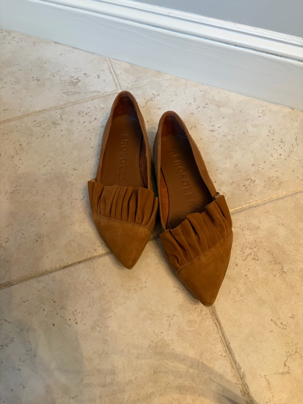 Suede Pointed-Toe Ruffle Flats - Chestnut Brown